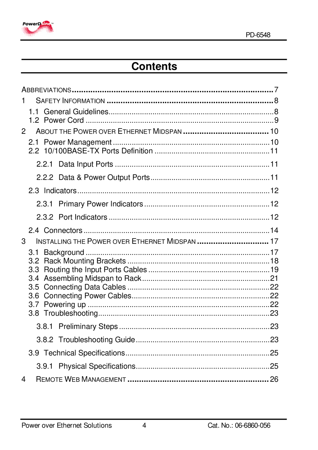 PowerDsine PD-6548 manual Contents 