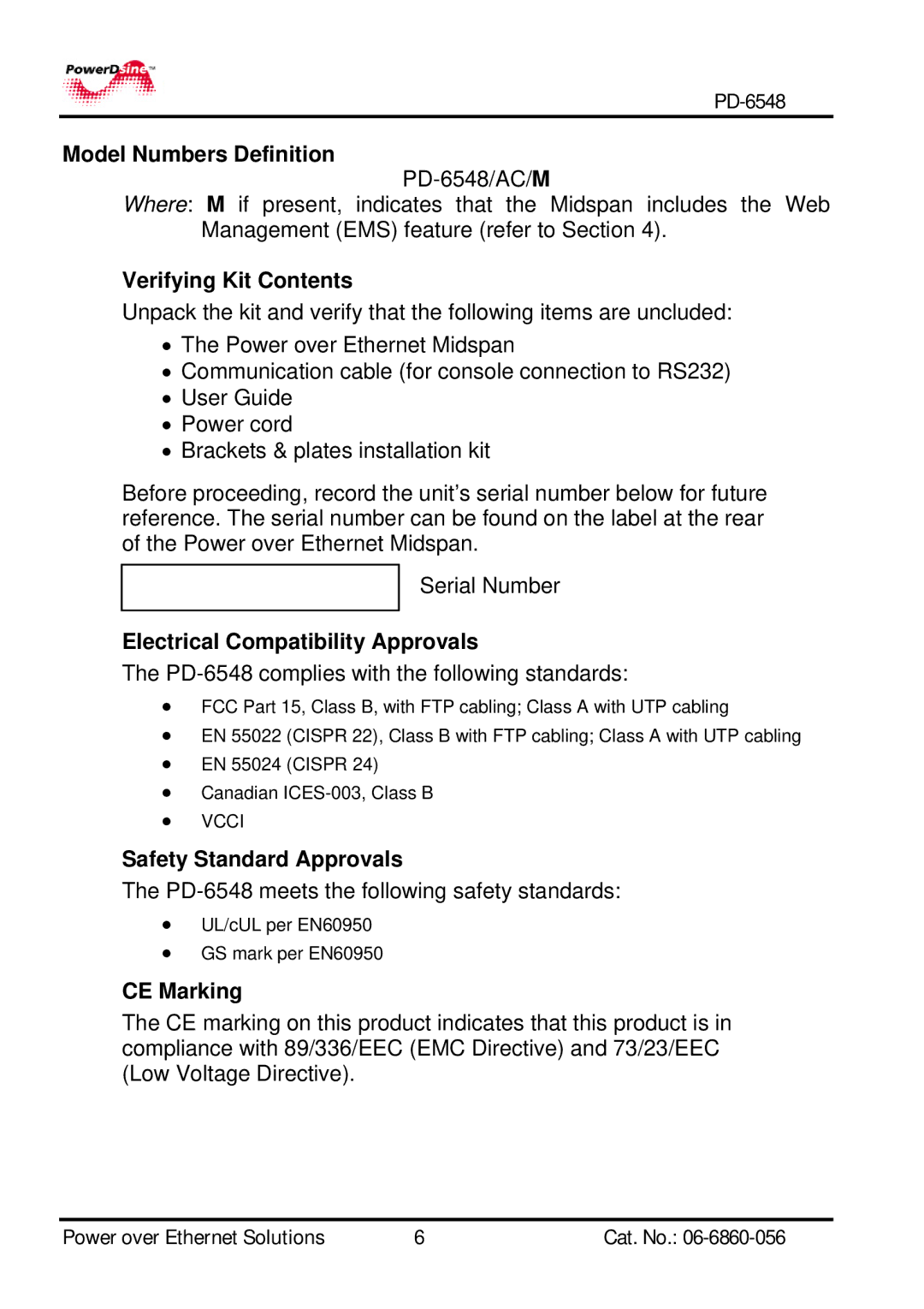 PowerDsine PD-6548 Model Numbers Definition, Verifying Kit Contents, Electrical Compatibility Approvals, CE Marking 