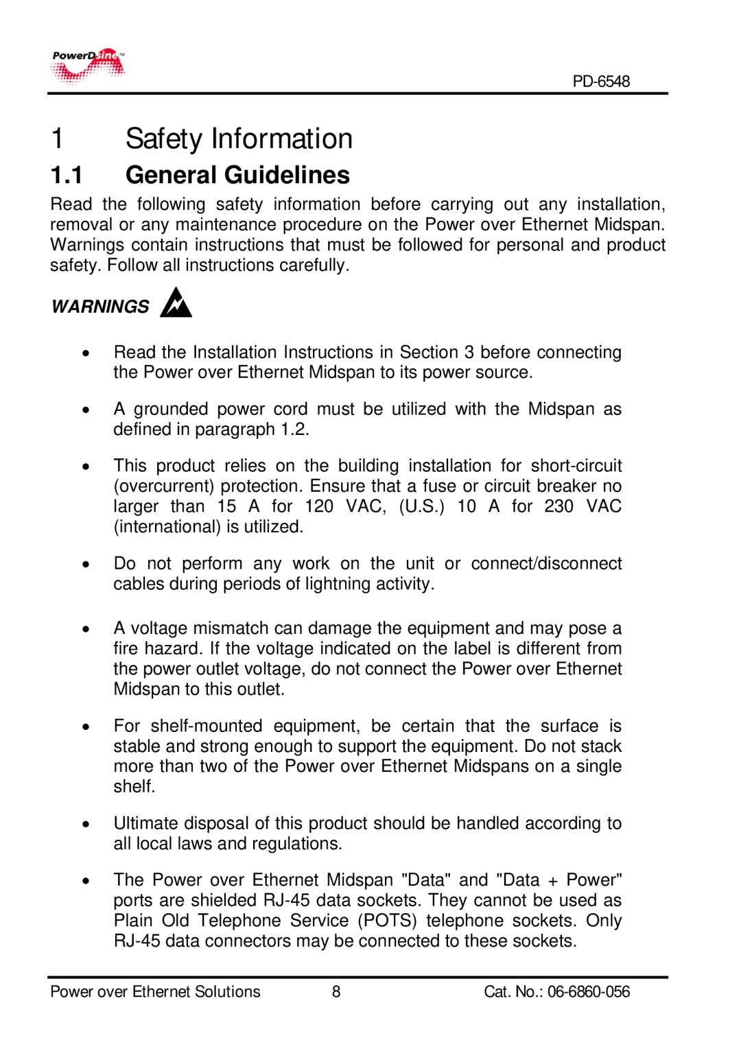 PowerDsine PD-6548 manual Safety Information, General Guidelines 