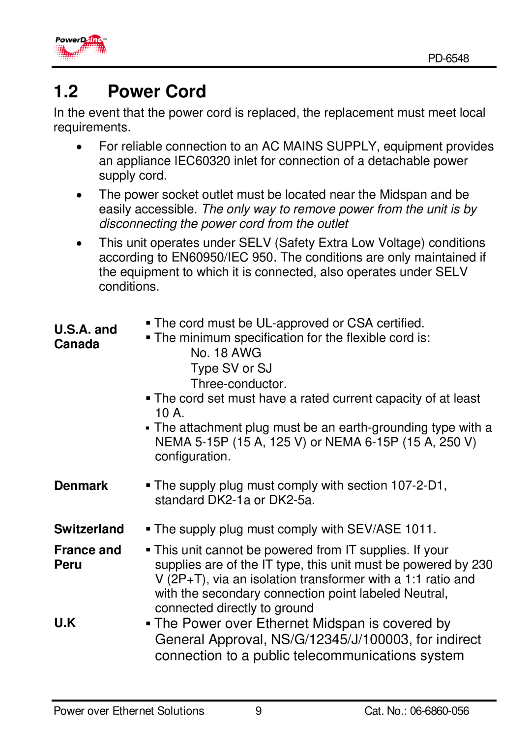 PowerDsine PD-6548 manual Power Cord, A. and Canada Denmark Switzerland France Peru 