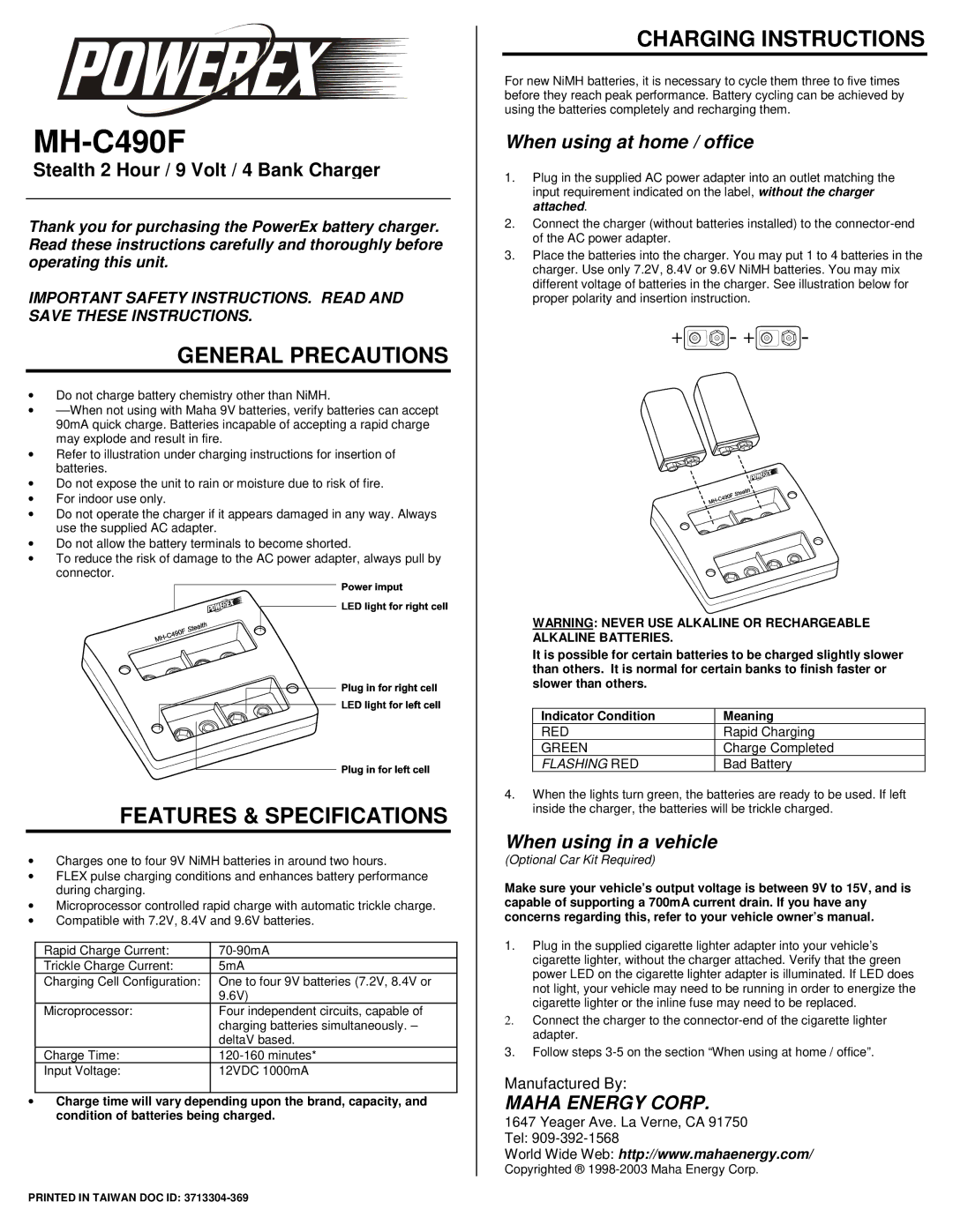 Powerex MH-C490F manual General Precautions, Features & Specifications, Charging Instructions 