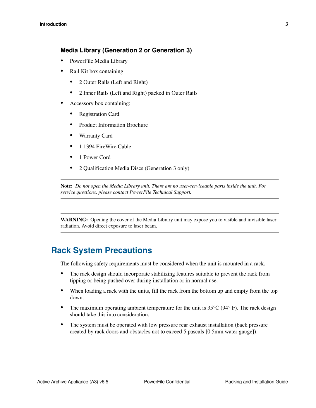 PowerFile A3 manual Rack System Precautions, Media Library Generation 2 or Generation 