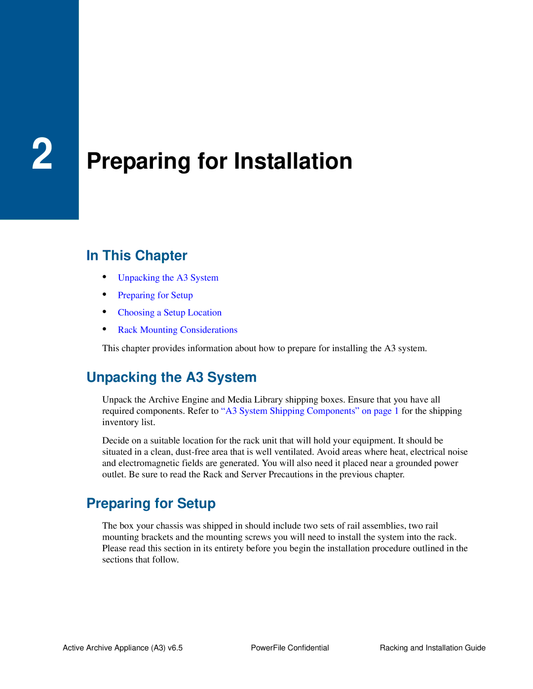 PowerFile manual Preparing for Installation, Unpacking the A3 System, Preparing for Setup 