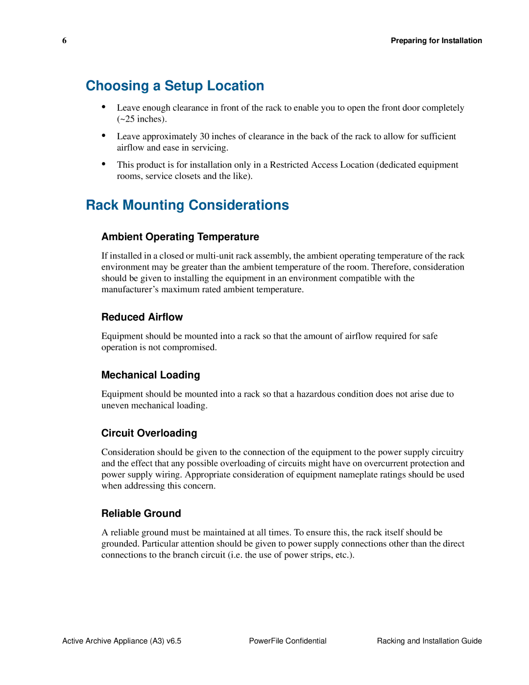 PowerFile A3 manual Choosing a Setup Location, Rack Mounting Considerations 