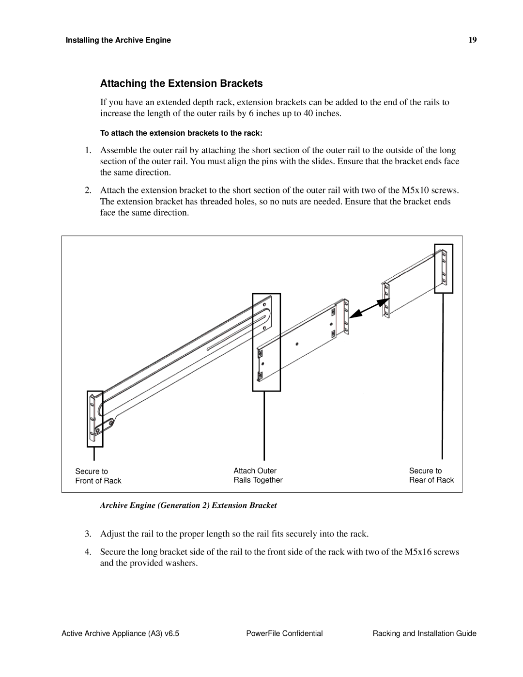 PowerFile A3 manual Attaching the Extension Brackets, Archive Engine Generation 2 Extension Bracket 