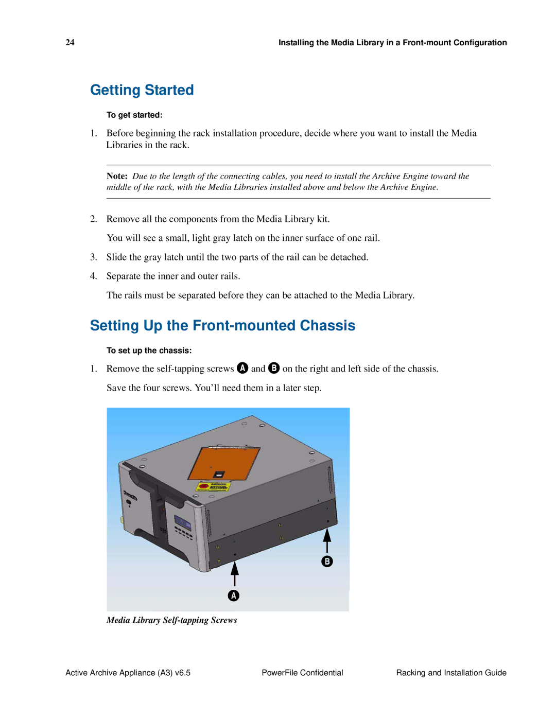 PowerFile A3 manual Getting Started, Setting Up the Front-mounted Chassis, Media Library Self-tapping Screws 