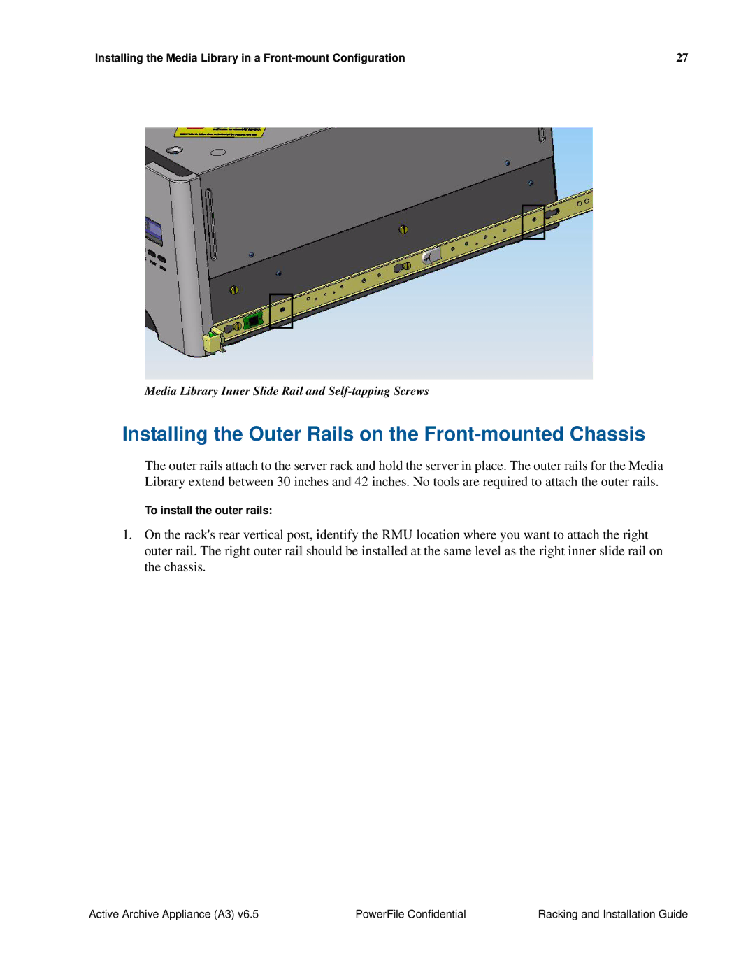 PowerFile A3 manual Installing the Outer Rails on the Front-mounted Chassis 