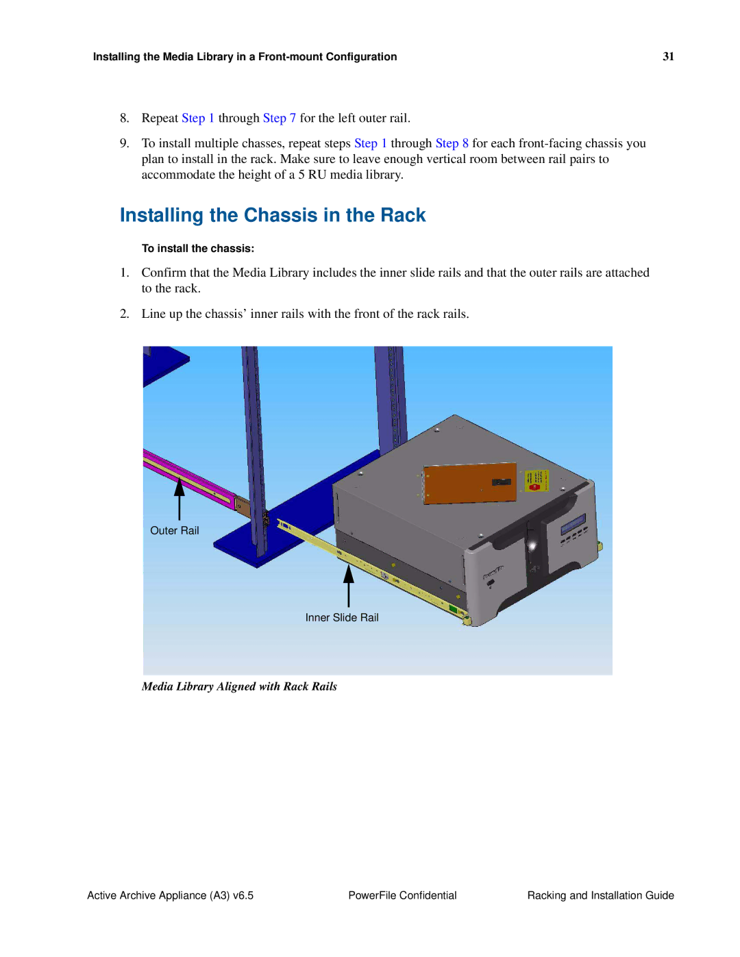 PowerFile A3 manual Installing the Chassis in the Rack, Media Library Aligned with Rack Rails 