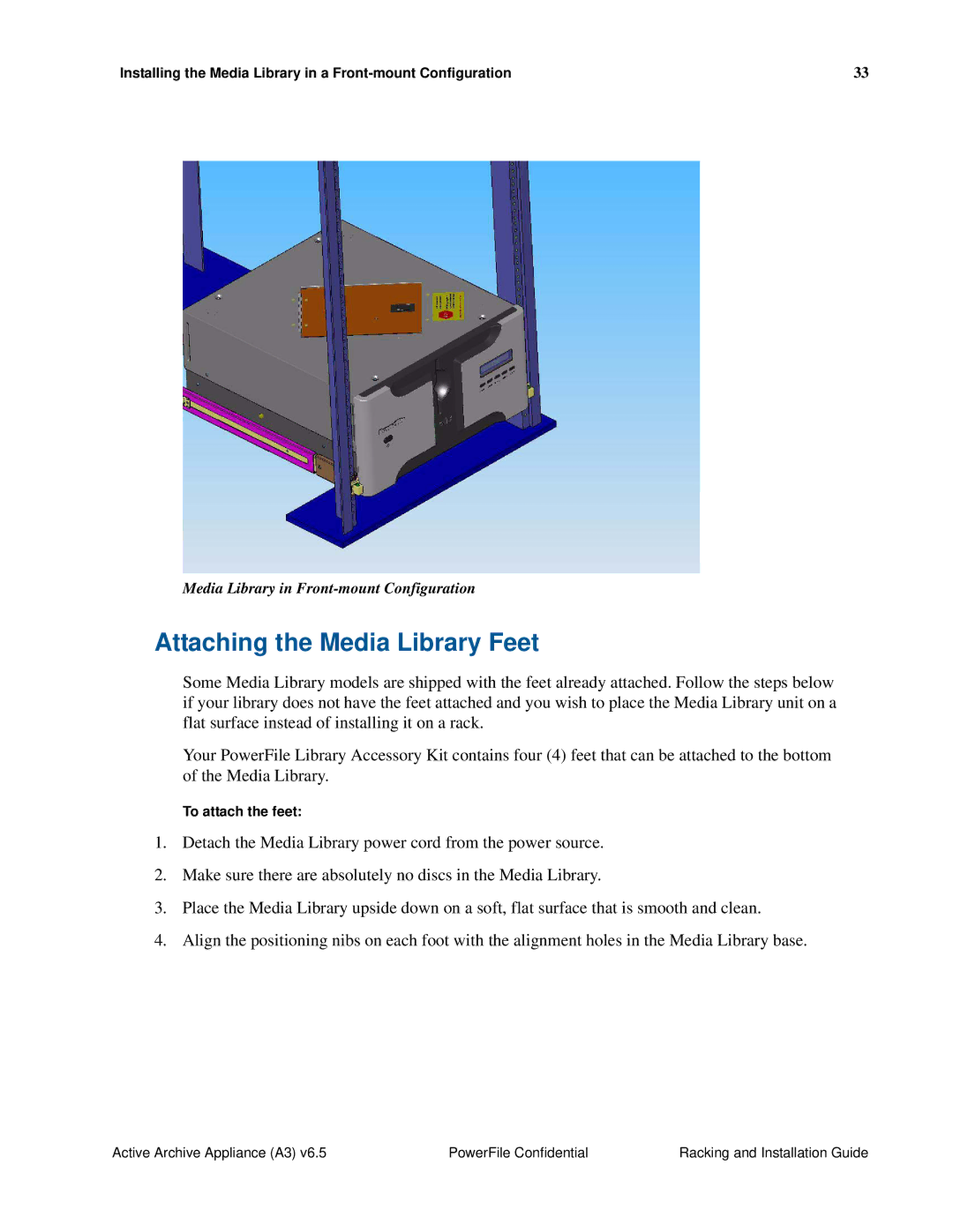 PowerFile A3 manual Attaching the Media Library Feet, Media Library in Front-mount Configuration 