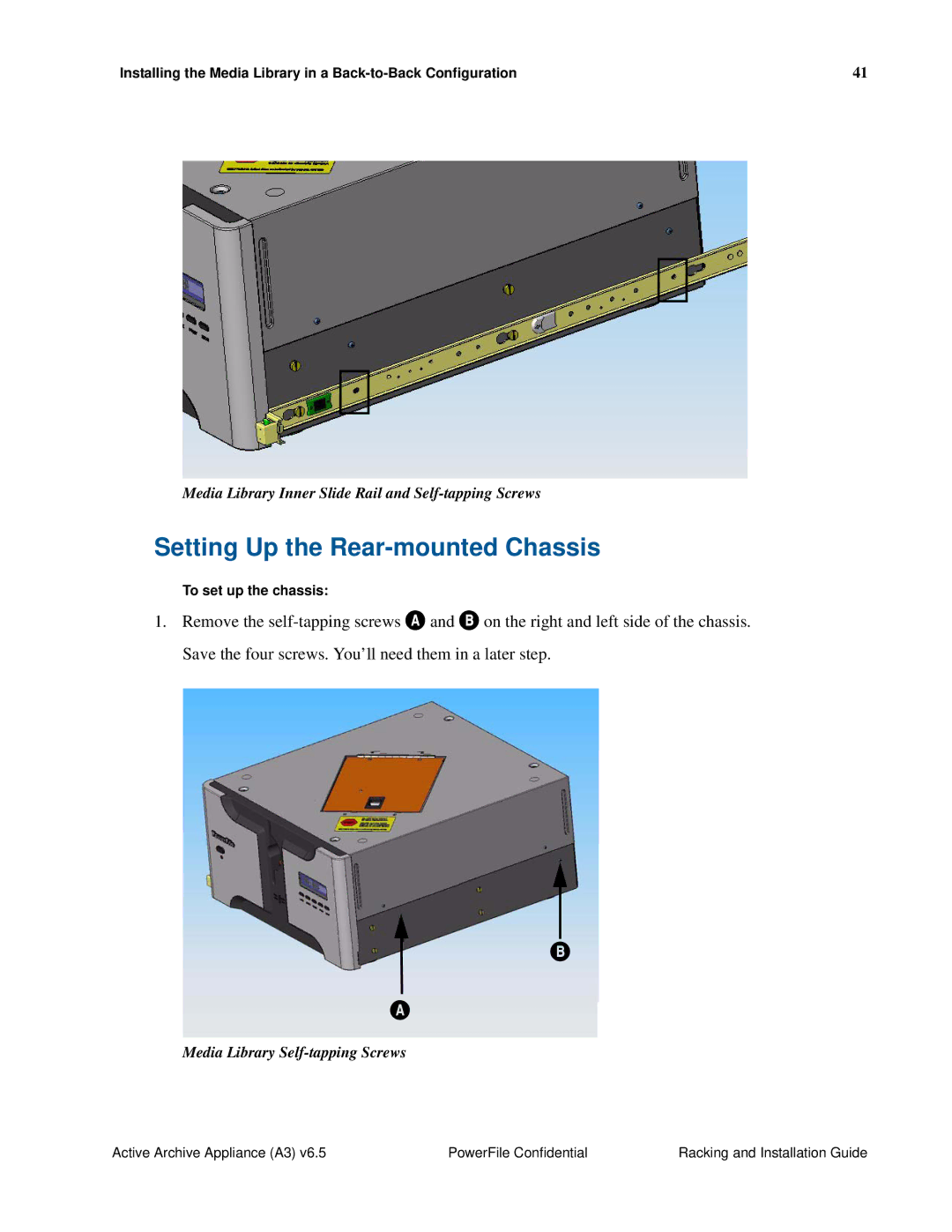 PowerFile A3 manual Setting Up the Rear-mounted Chassis, Media Library Inner Slide Rail and Self-tapping Screws 