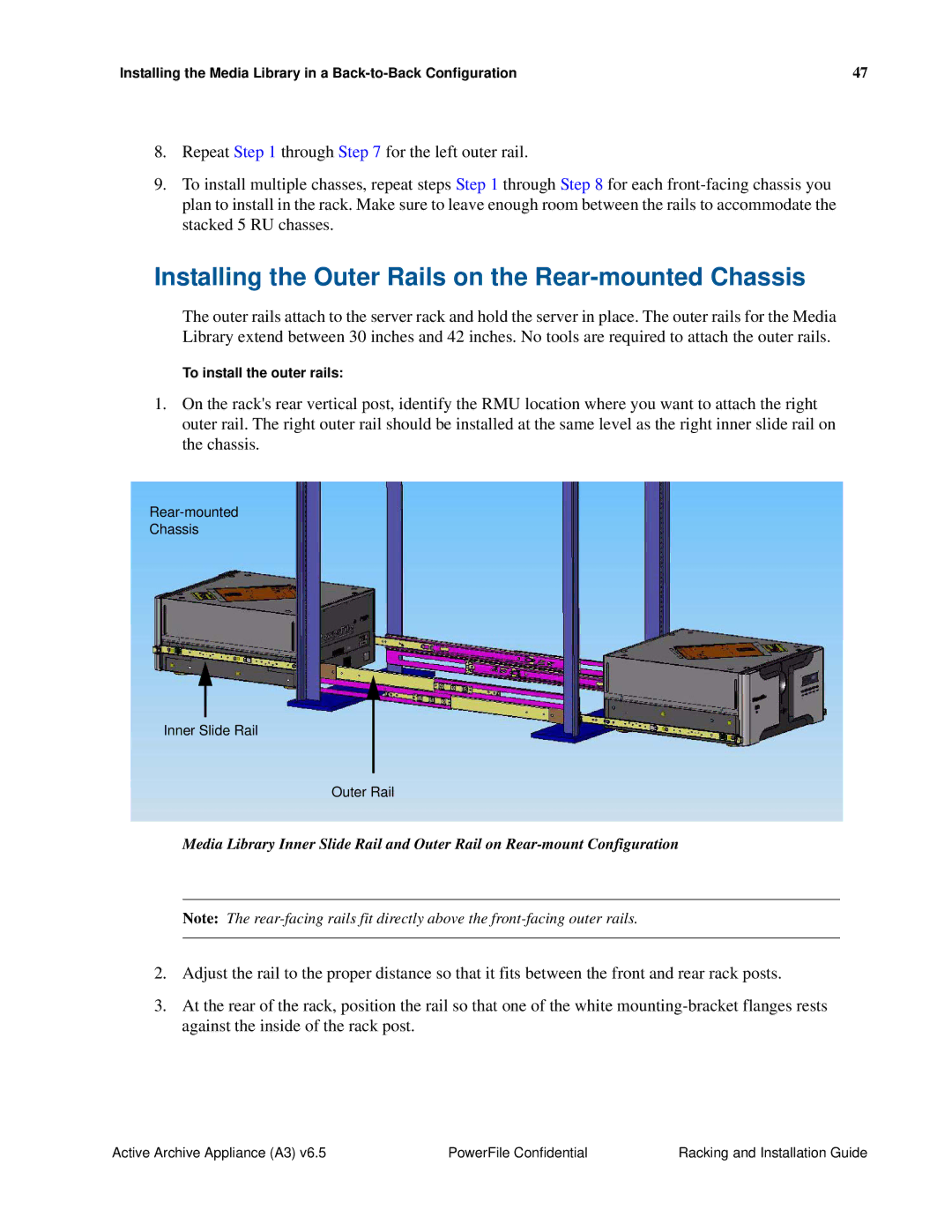 PowerFile A3 manual Installing the Outer Rails on the Rear-mounted Chassis 