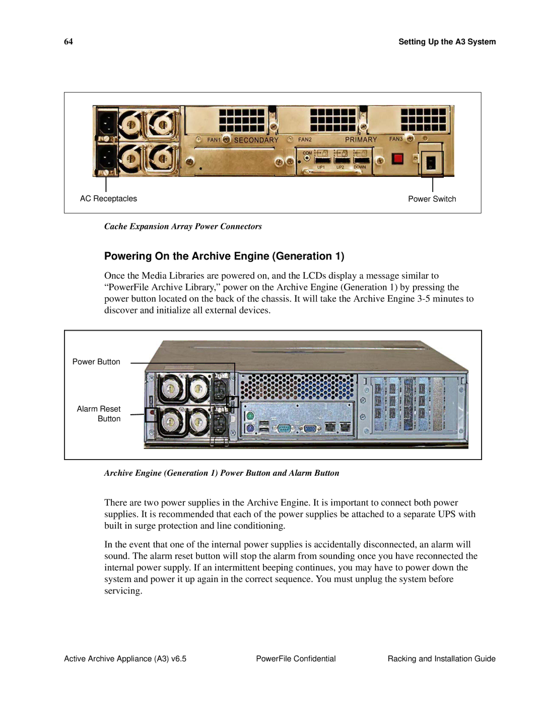 PowerFile A3 manual Powering On the Archive Engine Generation, Cache Expansion Array Power Connectors 