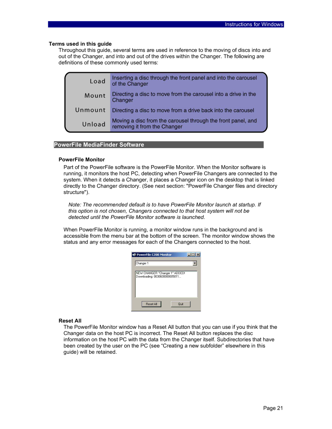 PowerFile R200, C200 Studio, C200S PowerFile MediaFinder Software, Terms used in this guide, PowerFile Monitor, Reset All 