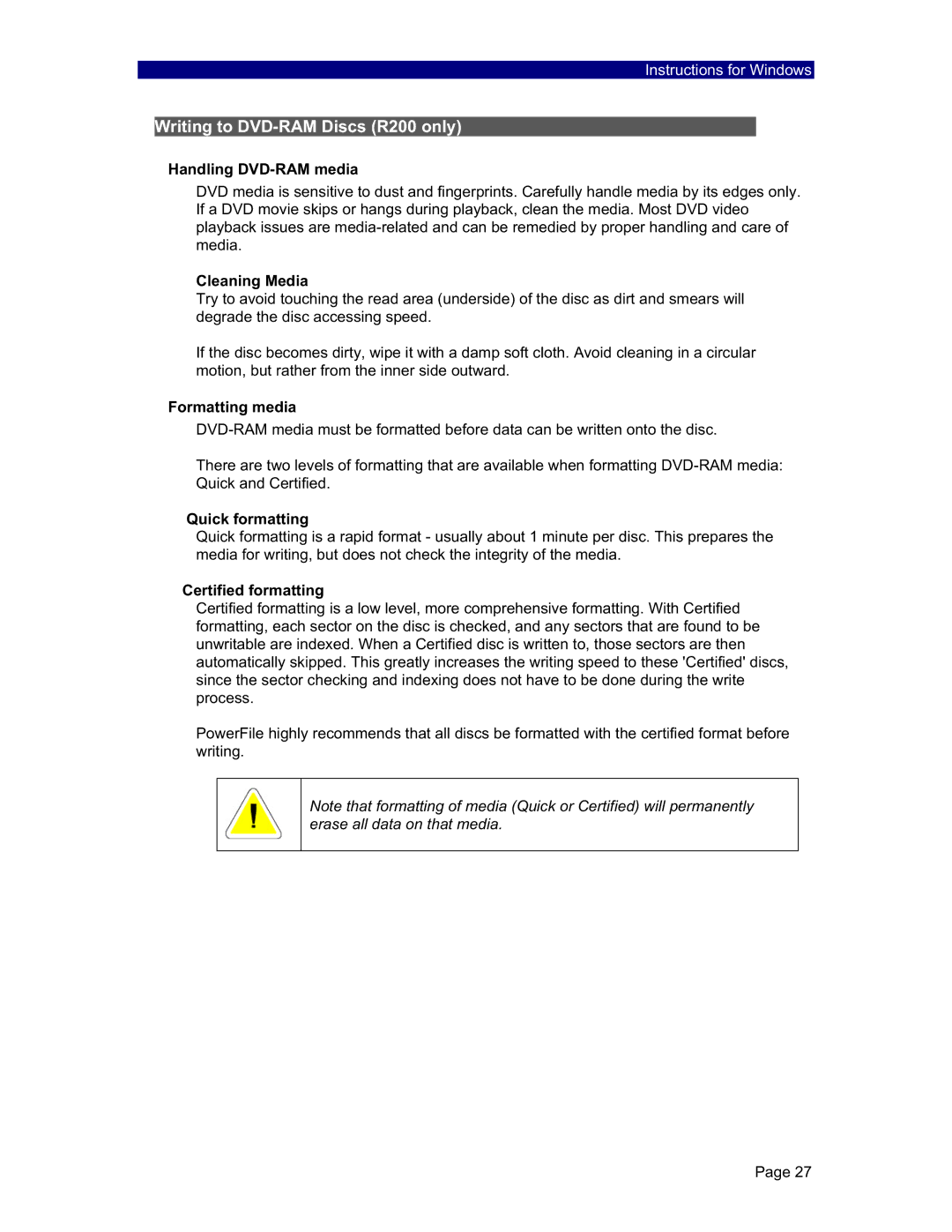 PowerFile C200 Studio, C200S manual Writing to DVD-RAM Discs R200 only 
