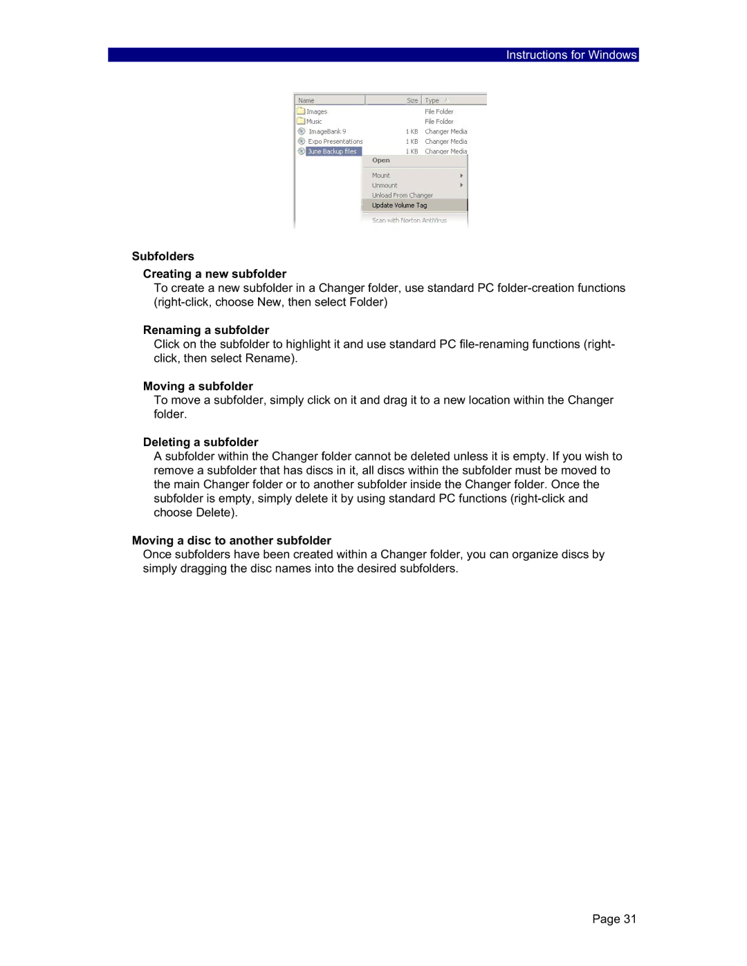 PowerFile C200S, R200 Subfolders Creating a new subfolder, Renaming a subfolder, Moving a subfolder, Deleting a subfolder 