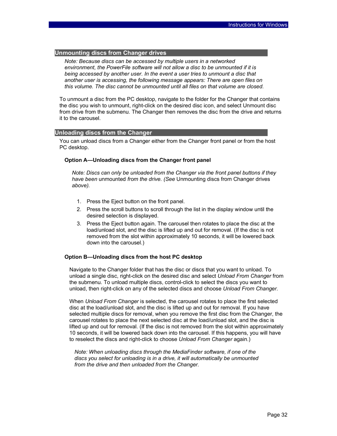 PowerFile C200 Studio, R200, C200S manual Unmounting discs from Changer drives, Unloading discs from the Changer 