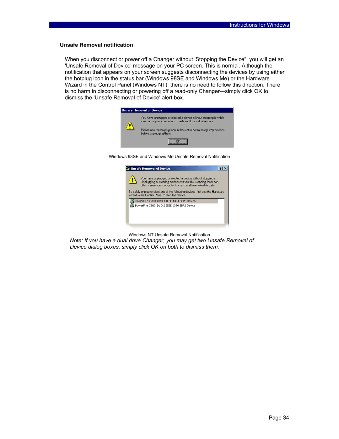 PowerFile C200S, C200 Studio, R200 manual Unsafe Removal notification 