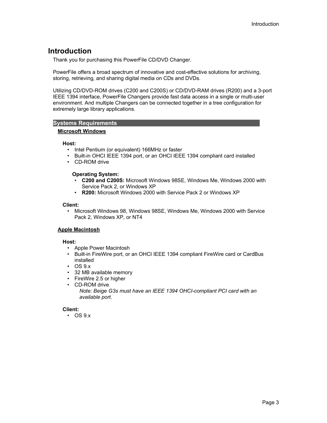 PowerFile R200, C200 Studio Systems Requirements, Microsoft Windows Host, Operating System, Client, Apple Macintosh Host 