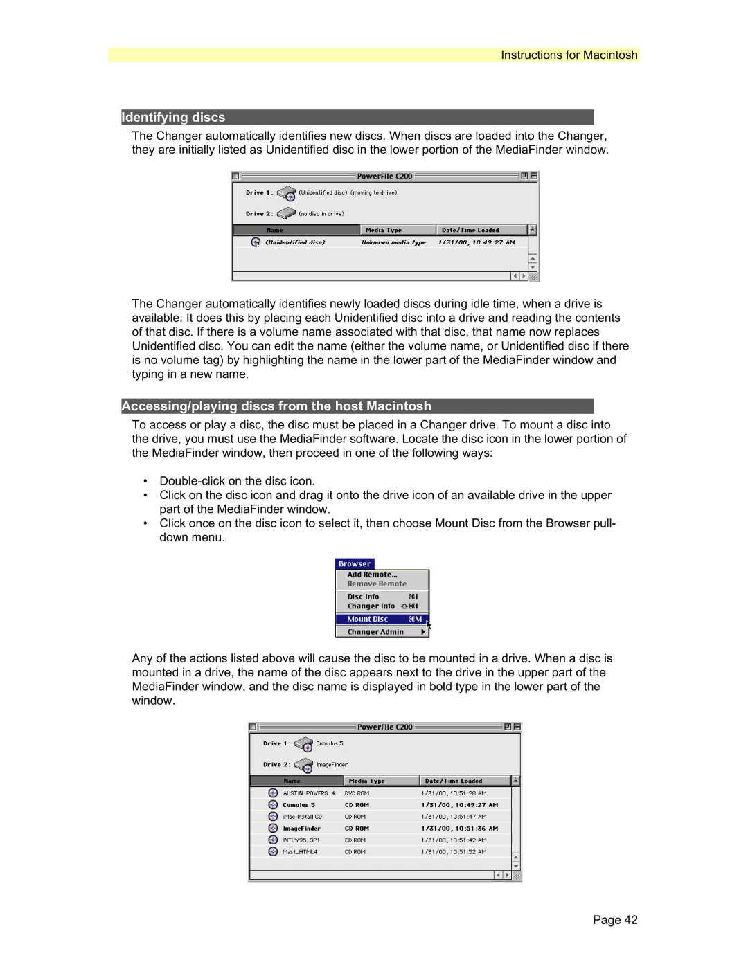 PowerFile R200, C200 Studio, C200S manual Identifying discs, Accessing/playing discs from the host Macintosh 