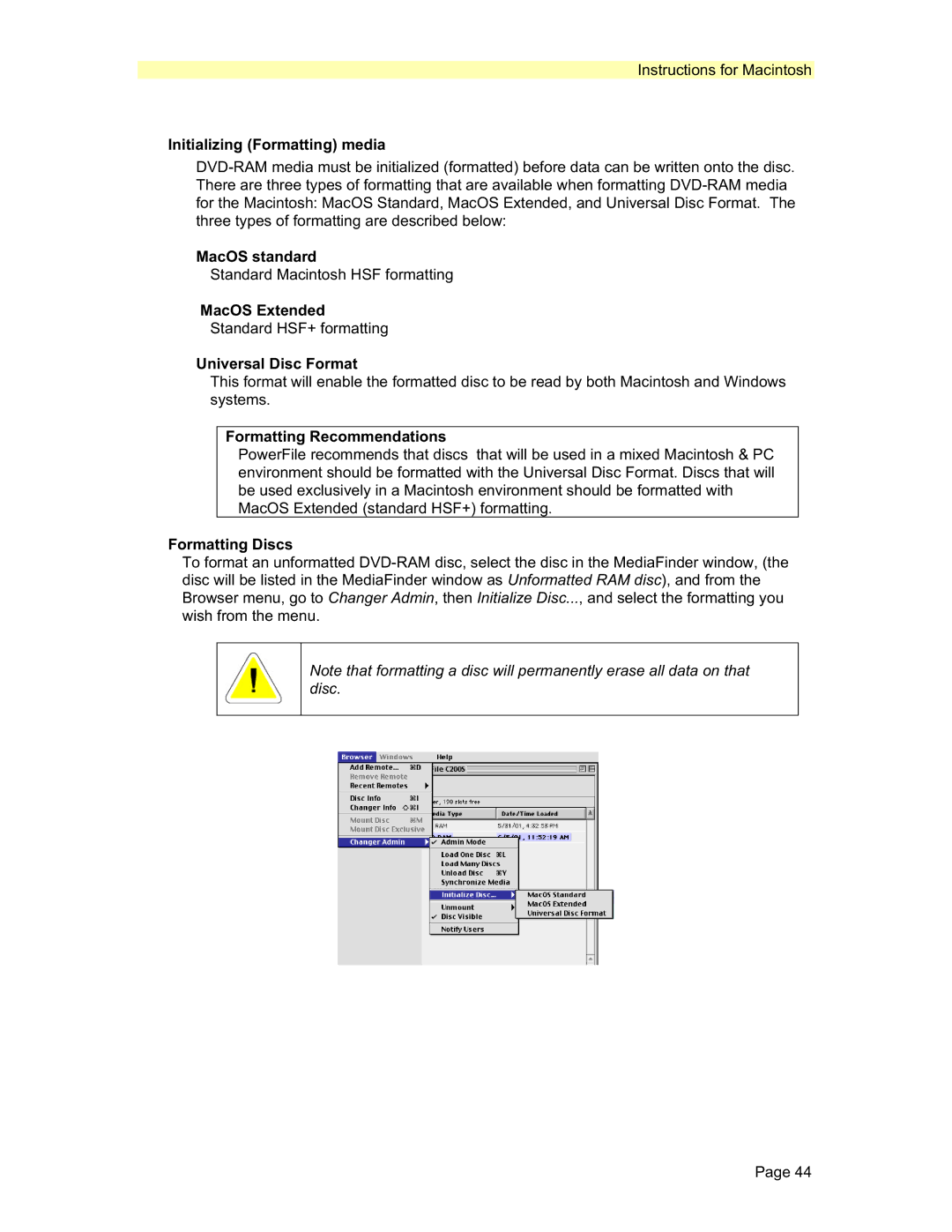 PowerFile C200 Studio, R200, C200S Initializing Formatting media, MacOS standard, MacOS Extended, Universal Disc Format 