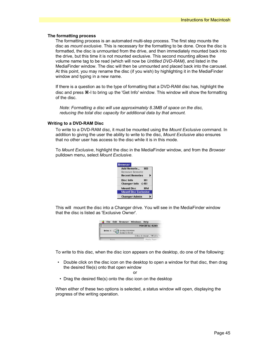 PowerFile R200, C200 Studio, C200S manual Formatting process, Writing to a DVD-RAM Disc 