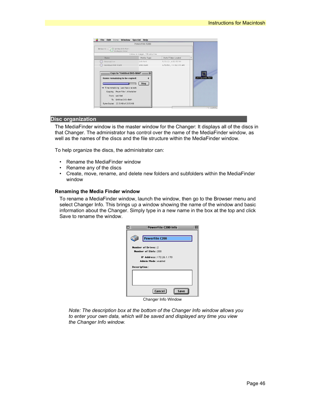 PowerFile C200S, C200 Studio, R200 manual Disc organization, Renaming the Media Finder window 