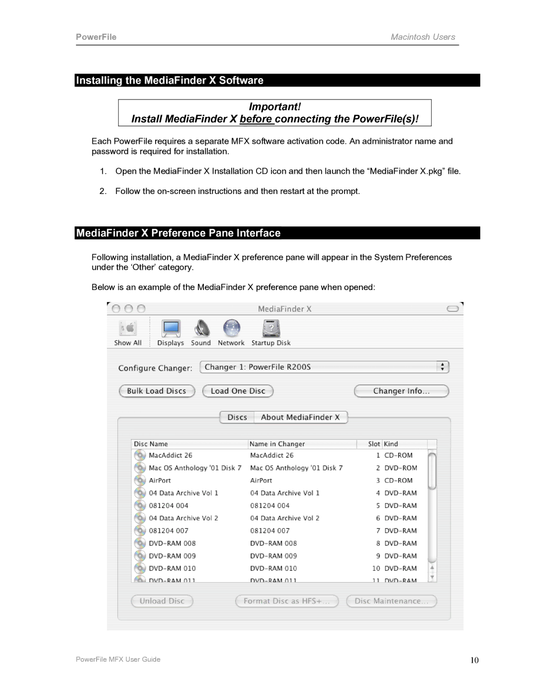 PowerFile C200 manual Installing the MediaFinder X Software, MediaFinder X Preference Pane Interface 