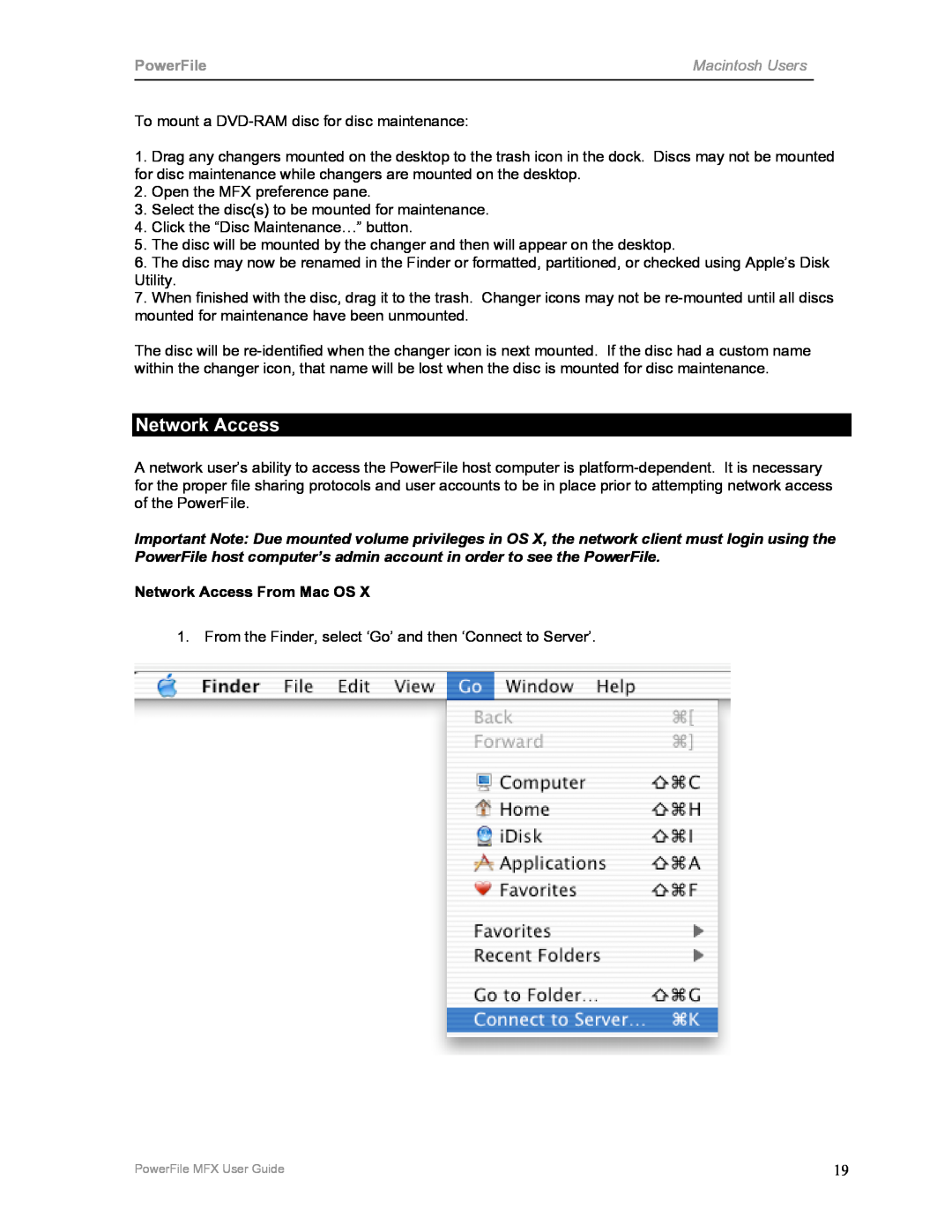 PowerFile C200 manual Network Access From Mac OS, PowerFile, Macintosh Users 