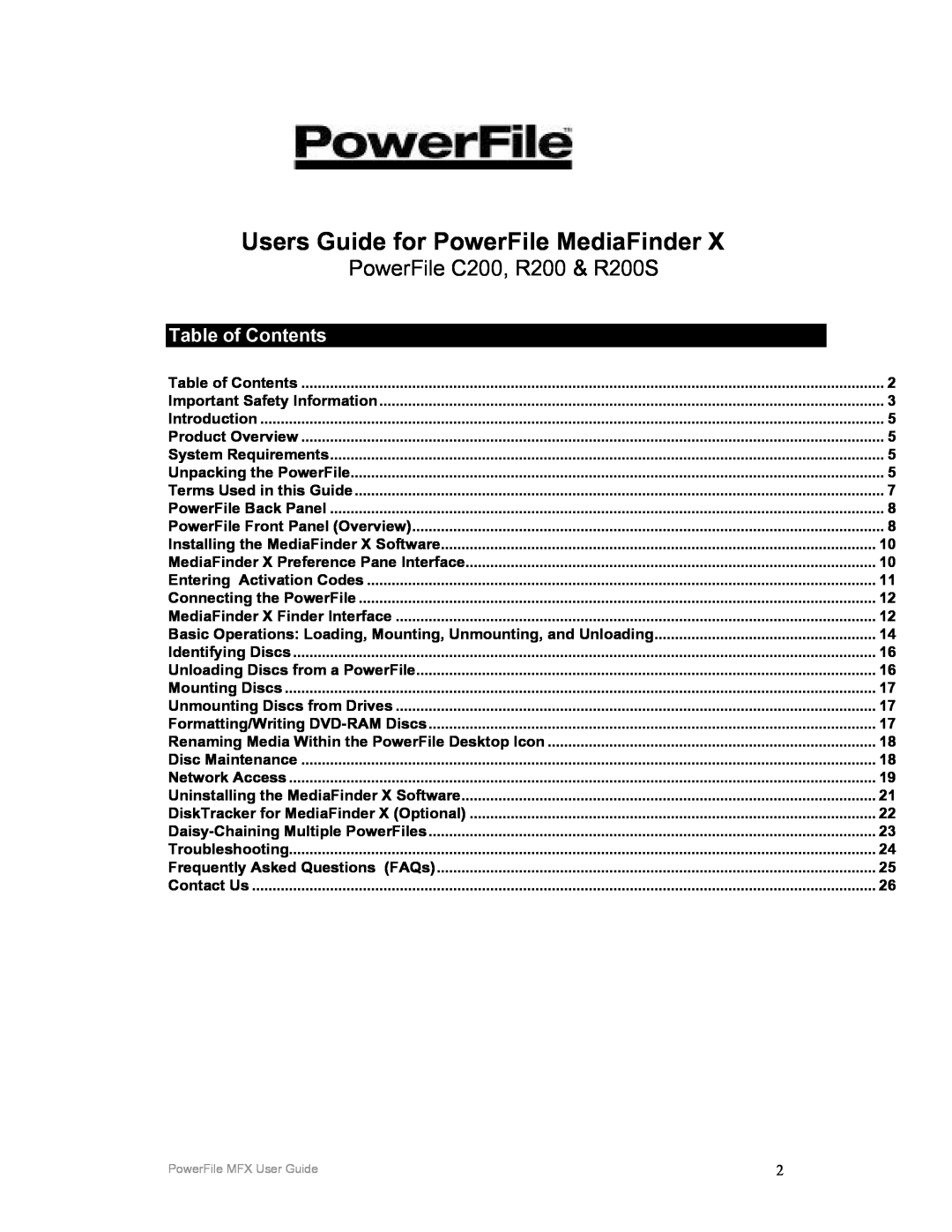 PowerFile manual Table of Contents, Users Guide for PowerFile MediaFinder, PowerFile C200, R200 & R200S 