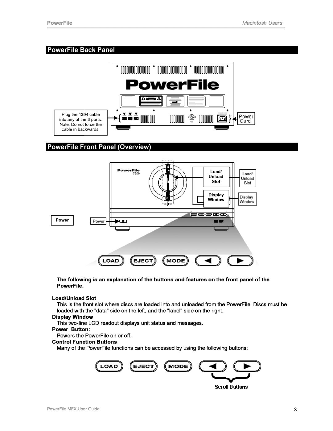 PowerFile C200 manual PowerFile Back Panel, PowerFile Front Panel Overview, Load/Unload Slot, Display Window, Power Button 