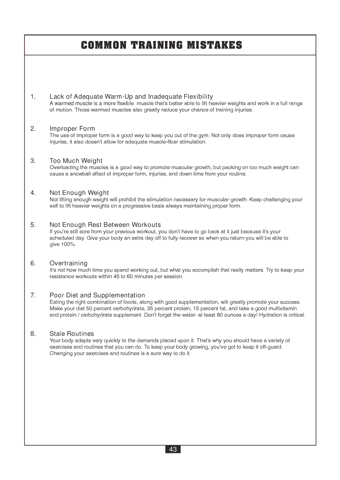 Powerline P2X manual Common Training Mistakes, Lack of Adequate Warm-Up and Inadequate Flexibility 