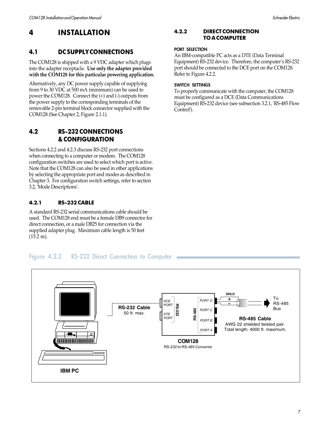 PowerLogix COM128 installation and operation guide Installation, DC Supply Connections, Directconnection to a Computer 