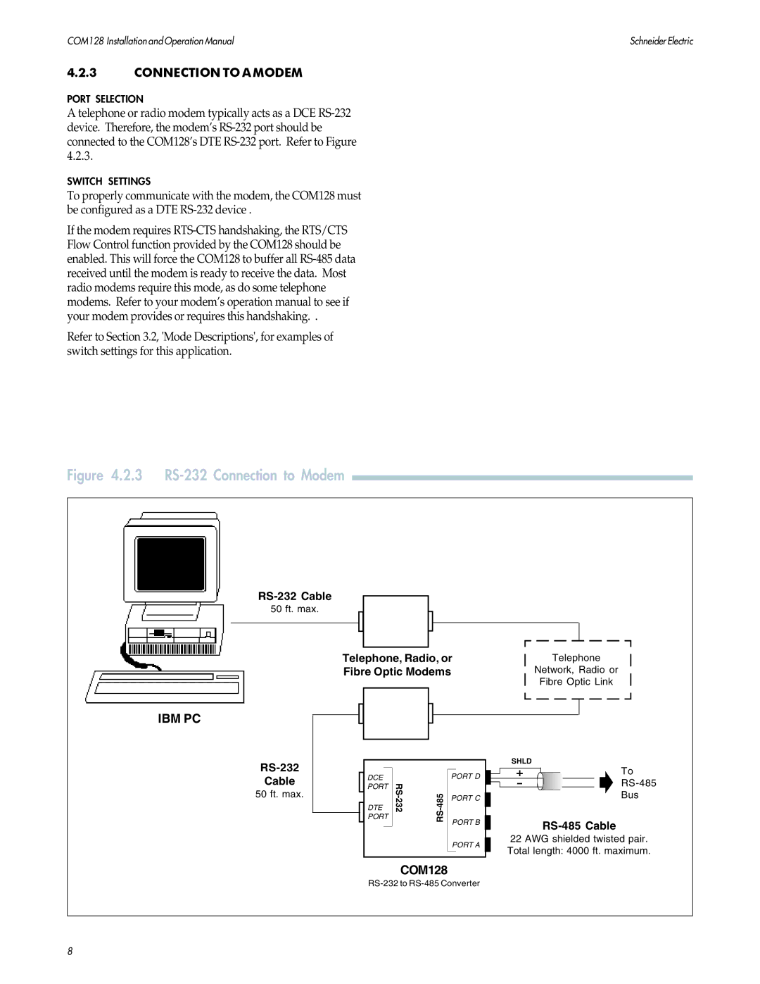 PowerLogix COM128 installation and operation guide 3 RS-232 Connection to Modem, Connection to a Modem 