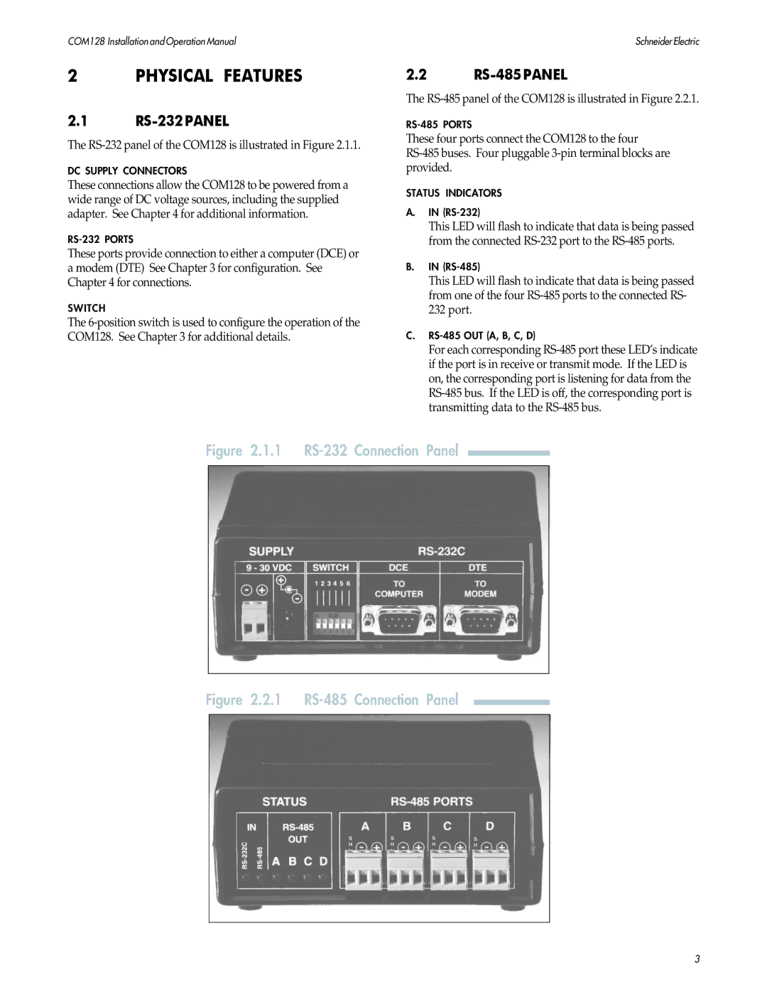 PowerLogix COM128 installation and operation guide Physical Features, RS-232PANEL 