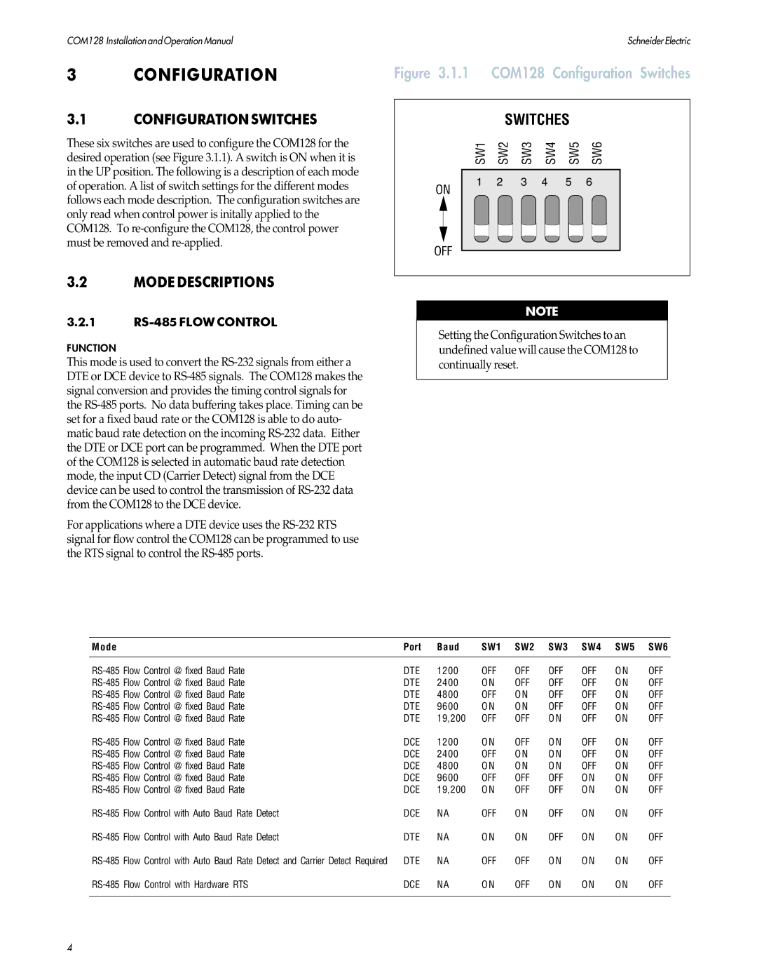 PowerLogix COM128 installation and operation guide Configurationswitches, Mode Descriptions, 1 RS-485 Flow Control 