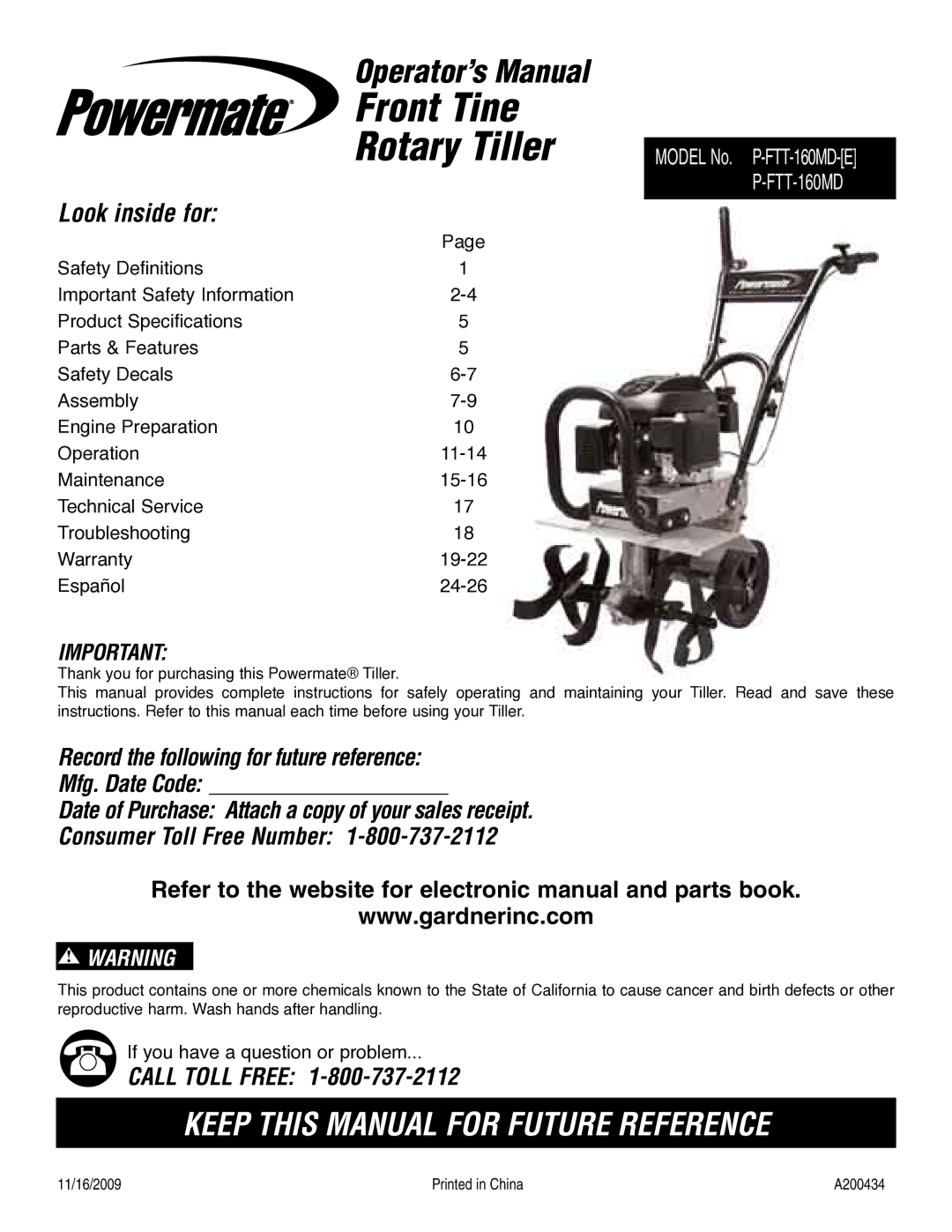 Powermate P-FTT-160MD-[E] specifications Front Tine Rotary Tiller, Operator’s Manual 