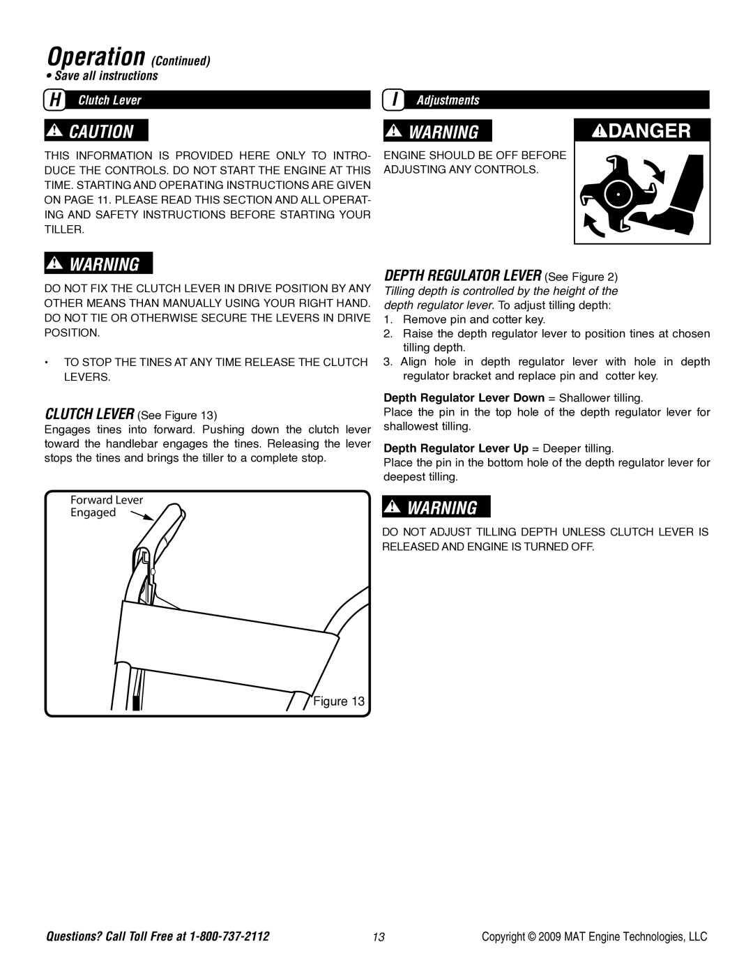 Powermate P-FTT-160MD-[E] specifications Depth Regulator Lever See Figure, Clutch Lever Adjustments 