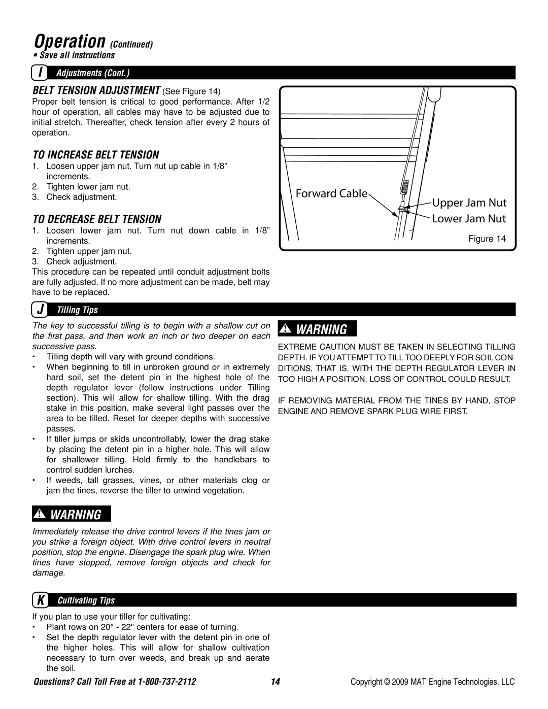 Powermate P-FTT-160MD Belt Tension Adjustment See Figure, To increase belt tension, To Decrease Belt Tension, Tilling Tips 