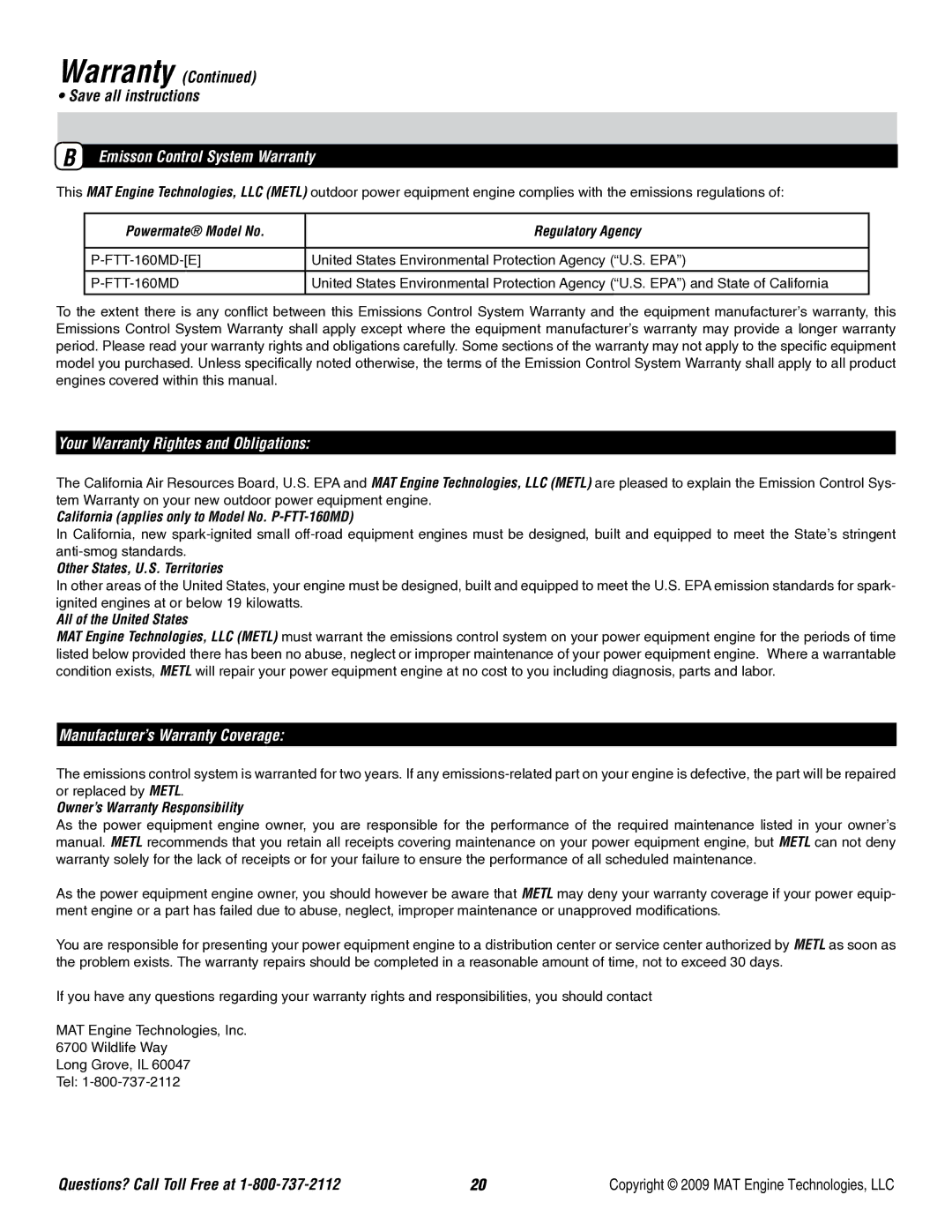 Powermate P-FTT-160MD Warranty Save all instructions, Emisson Control System Warranty, Manufacturer’s Warranty Coverage 