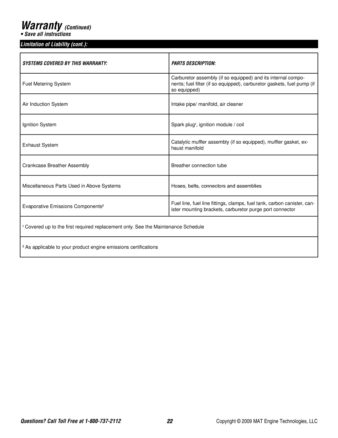 Powermate P-FTT-160MD-[E] specifications Systems Covered by this Warranty Parts Description 