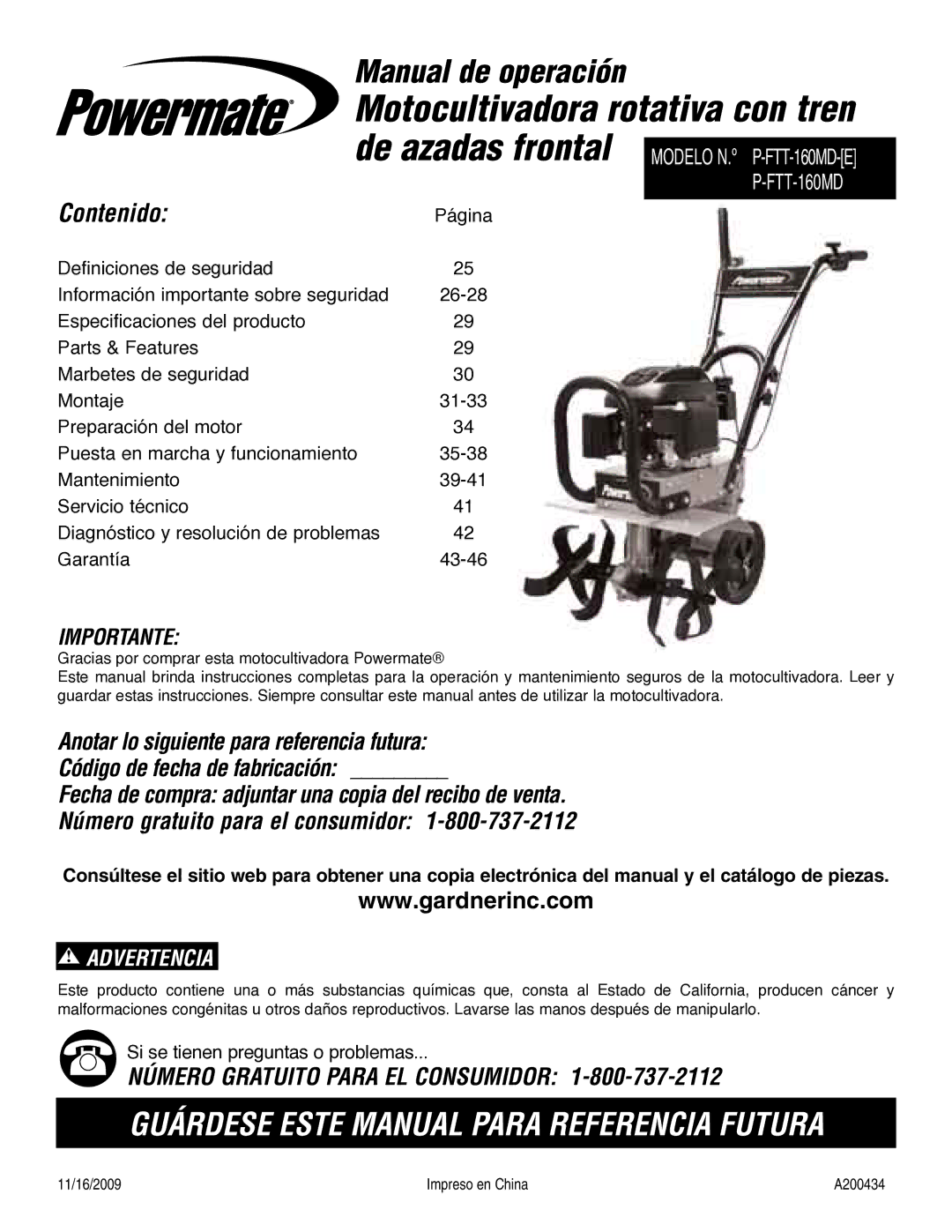 Powermate P-FTT-160MD-[E] specifications Motocultivadora rotativa con tren, Manual de operación 