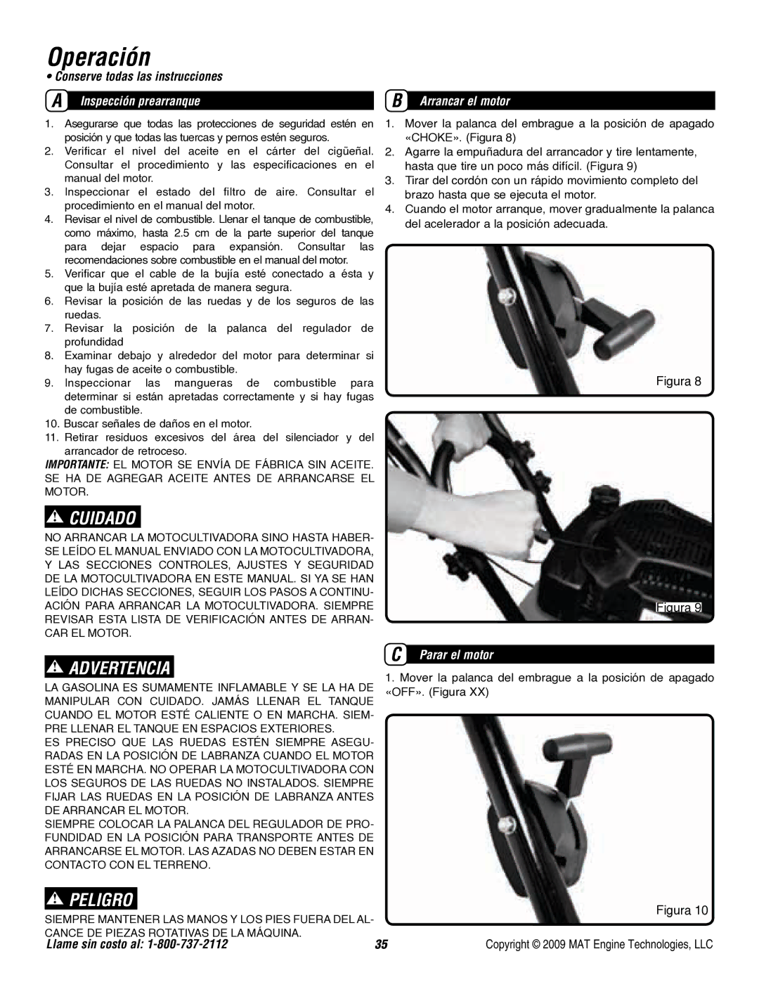 Powermate P-FTT-160MD-[E] specifications Operación, Inspección prearranque, Arrancar el motor, Parar el motor 