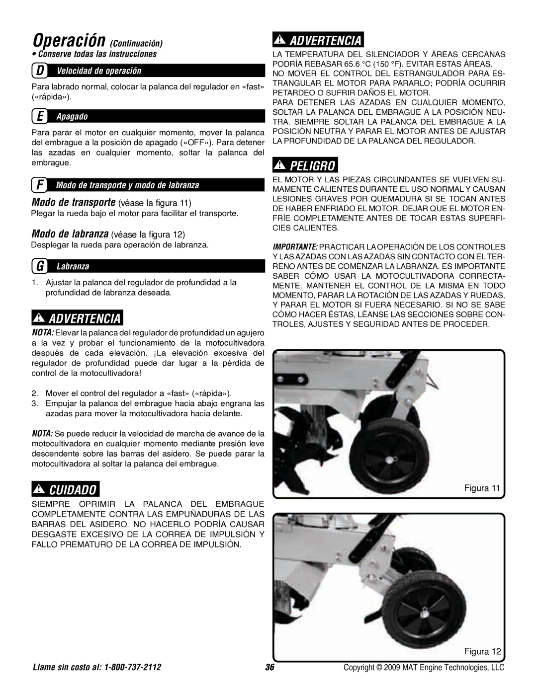 Powermate P-FTT-160MD Operación Continuación Conserve todas las instrucciones, Velocidad de operación, Apagado, Labranza 