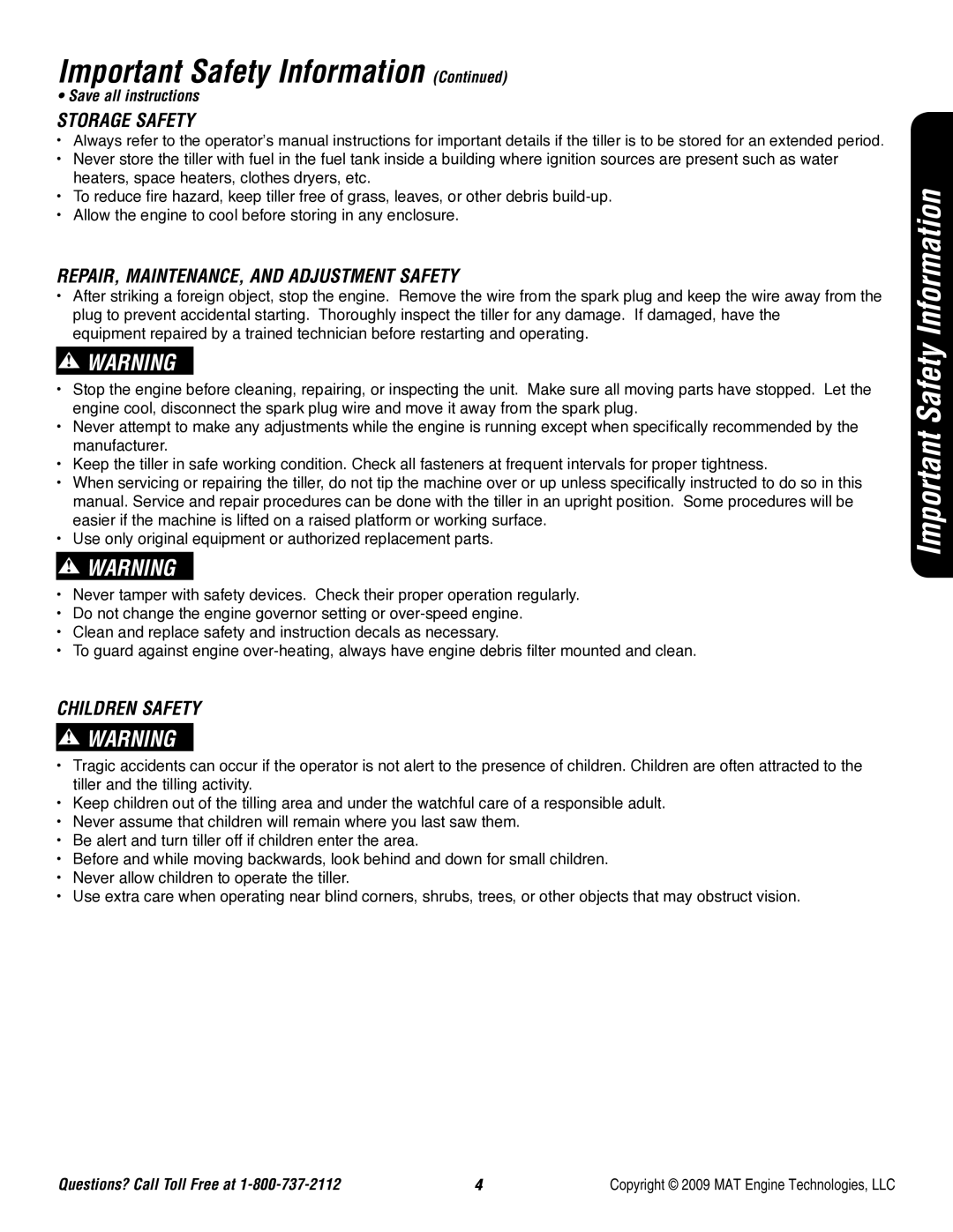 Powermate P-FTT-160MD-[E] specifications Storage Safety, REPAIR, MAINTENANCE, and Adjustment Safety, Children Safety 