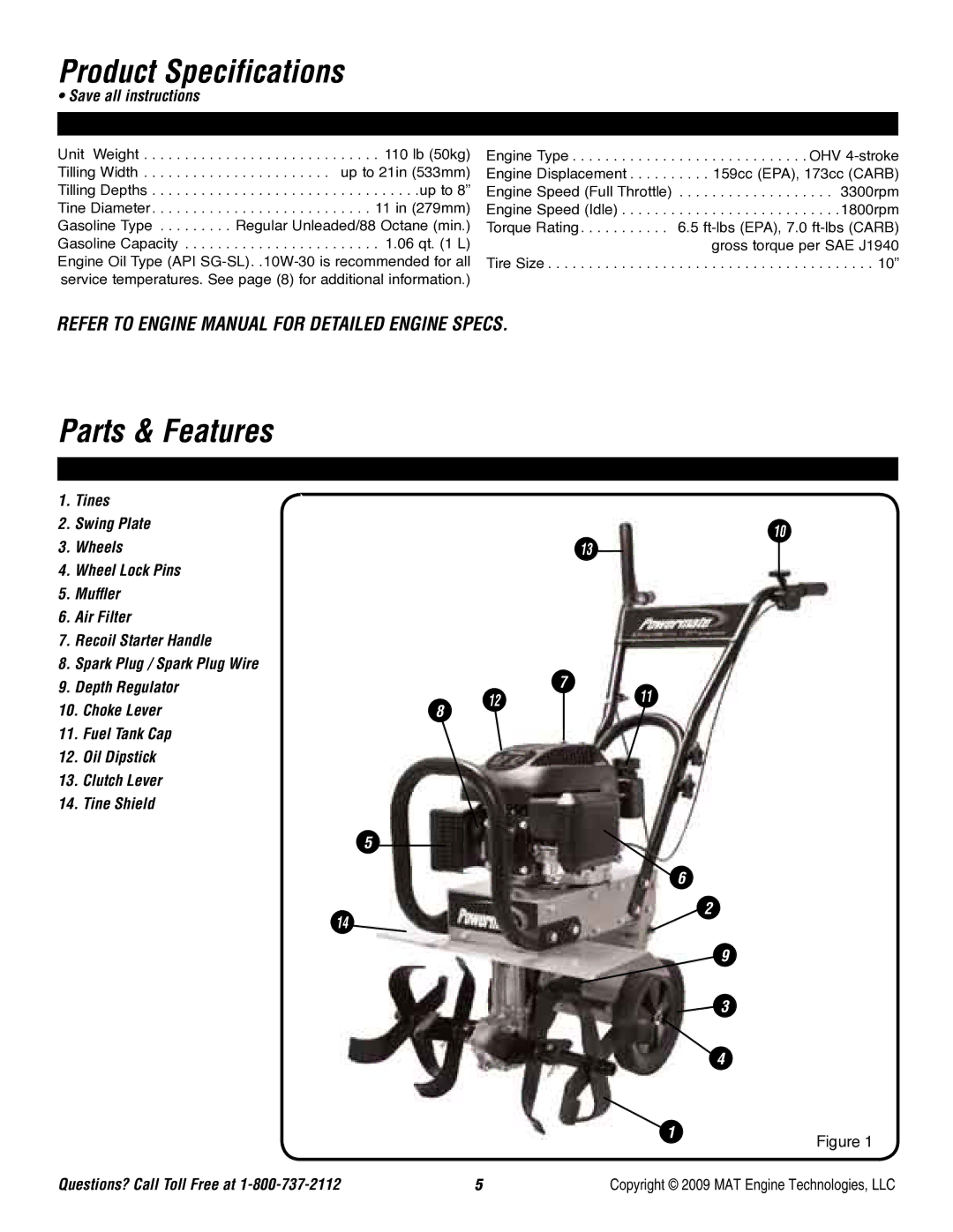 Powermate P-FTT-160MD-[E] Product Specifications, Parts & Features, Refer to Engine Manual for Detailed Engine Specs 