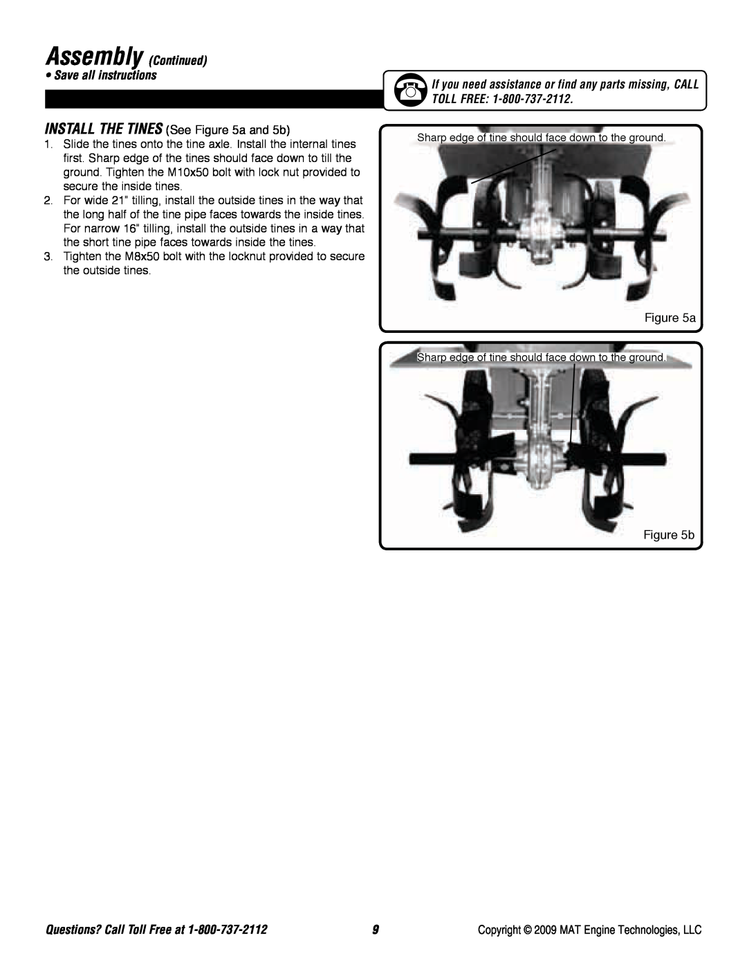 Powermate P-FTT-160MD-[E] specifications Assembly Continued Save all instructions, INSTALL THE TINES See a and 5b 