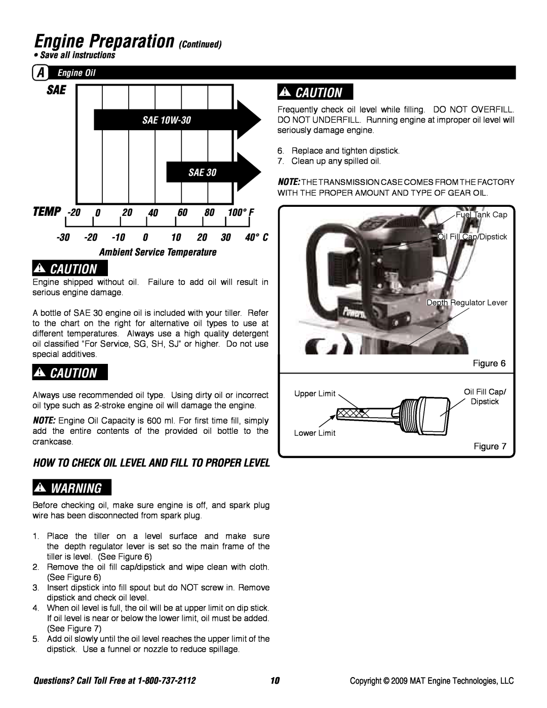 Powermate P-FTT-160MD Engine Preparation Continued, Temp, SAE 10W-30, 100 F, 30 40 C, Save all instructions, A Engine Oil 