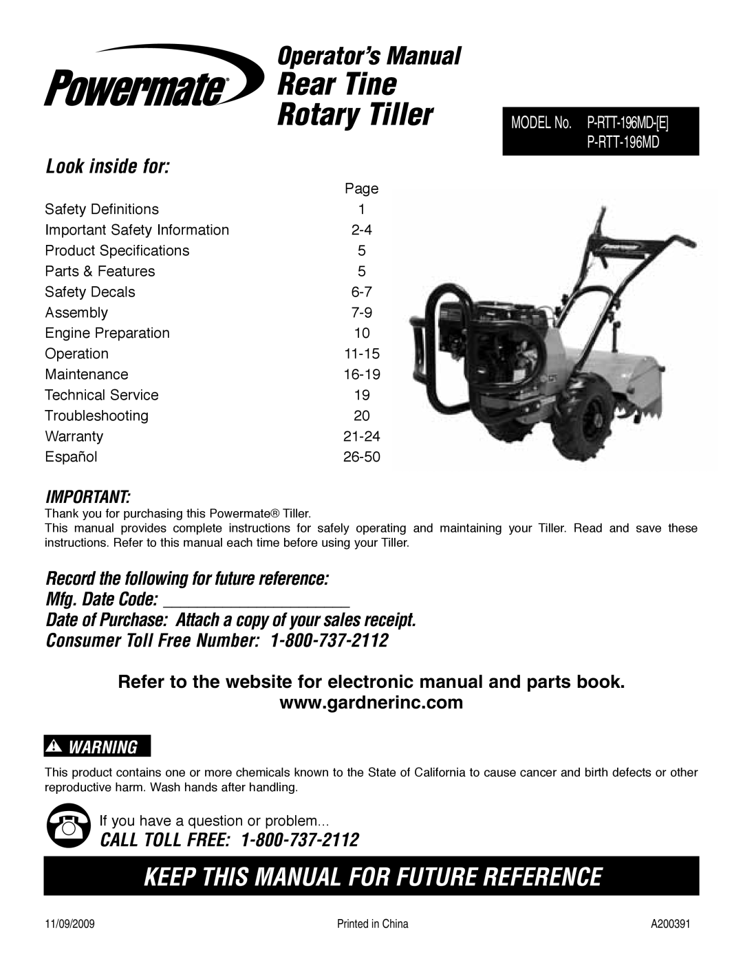 Powermate P-RTT-196MD-[E] specifications Rear Tine Rotary Tiller, Operator’s Manual 