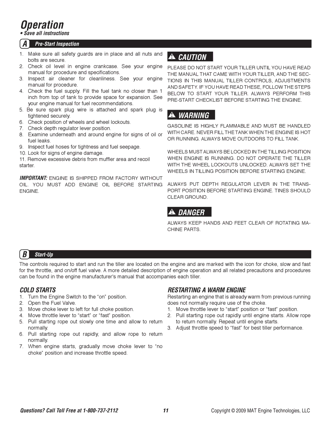 Powermate P-RTT-196MD-[E] specifications Operation, Cold Starts, Restarting a Warm Engine, Start-Up 