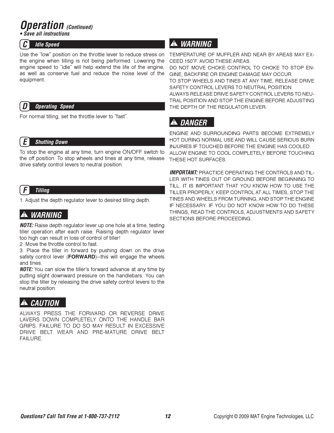 Powermate P-RTT-196MD-[E] specifications Idle Speed, Operating Speed, Shutting Down, Tilling 